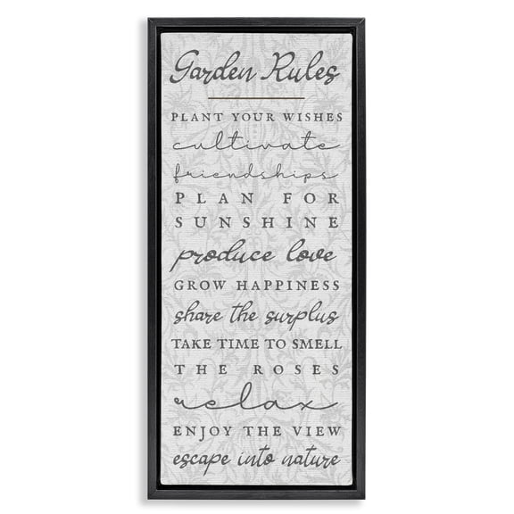 Stupell Industries French Country Garden Rules on Floral Pattern Black Floating Frame Canvas Art, 11 x 25, by Lil' Rue