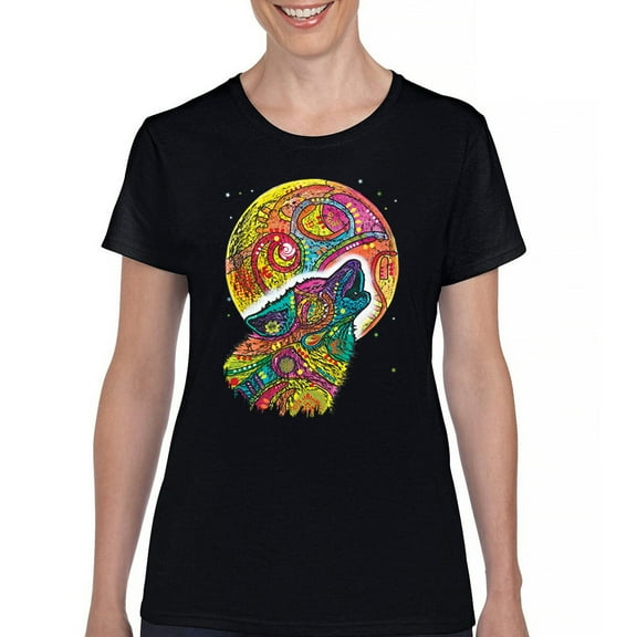 Tee Hunt Howling Wolf and Moon T-Shirt Dean Russo Colorful Wild Life Women's T-Shirt Tee