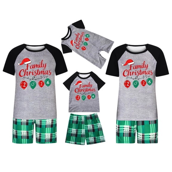 LEKWK Matching Family Christmas Pajamas Short Sleeve Graphic Tee with Plaid Shorts Sleepwear Festive Holiday Casual Loungewear