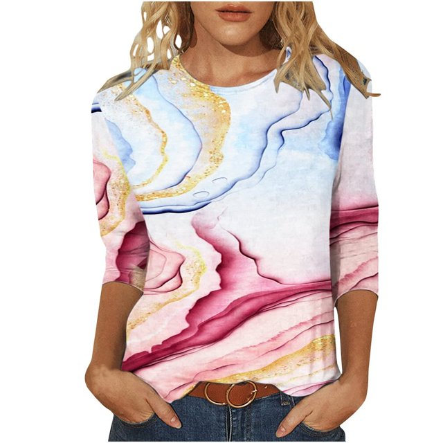 CHUANK T-Shirts pour Femmes à Manches Trois-Quarts, Coupe Ajustée à Motif Floral, T-Shirts Blancs, Chemises pour Femmes, Manches 3/4 au Coude, Col Rond, Chemises Décontractées pour Femmes, Liquidation, Blouses et Hauts Boho, Vert TG