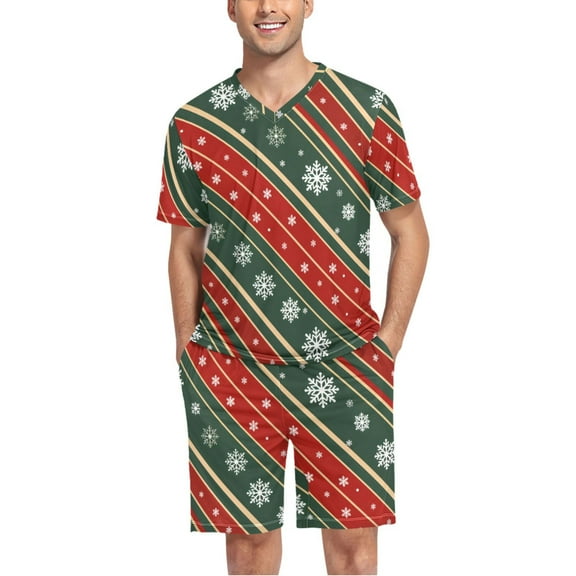 joogoo Men's Pajama Set Christmas Snowflake Pattern V-Neck Pj Shorts Set 2 Piece Loungewear Sleepwear L