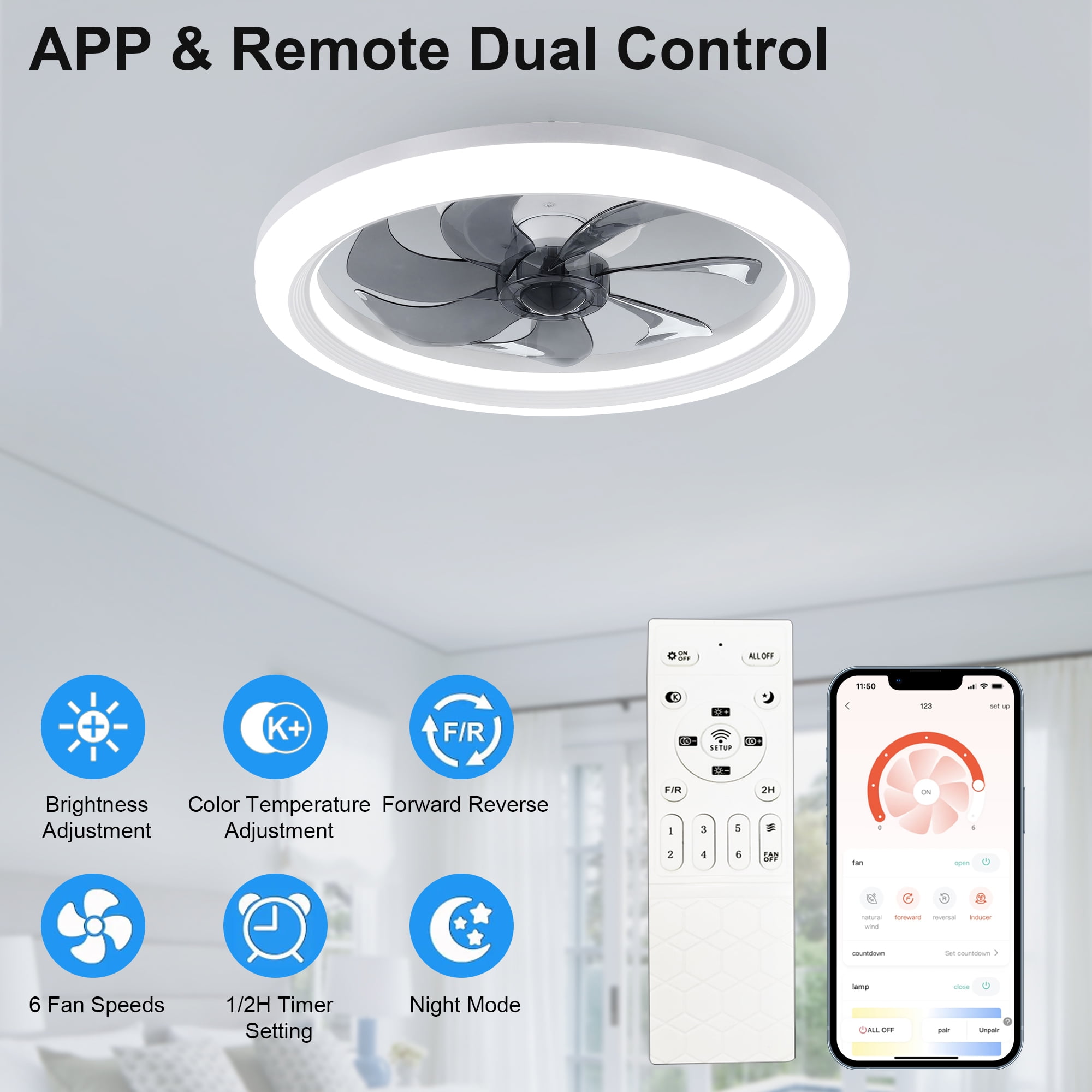 AGTANA 20'' Bladeless Ceiling Fans with Lights and Remote Control, Dimmable LEDs Lights, 6-Speeds