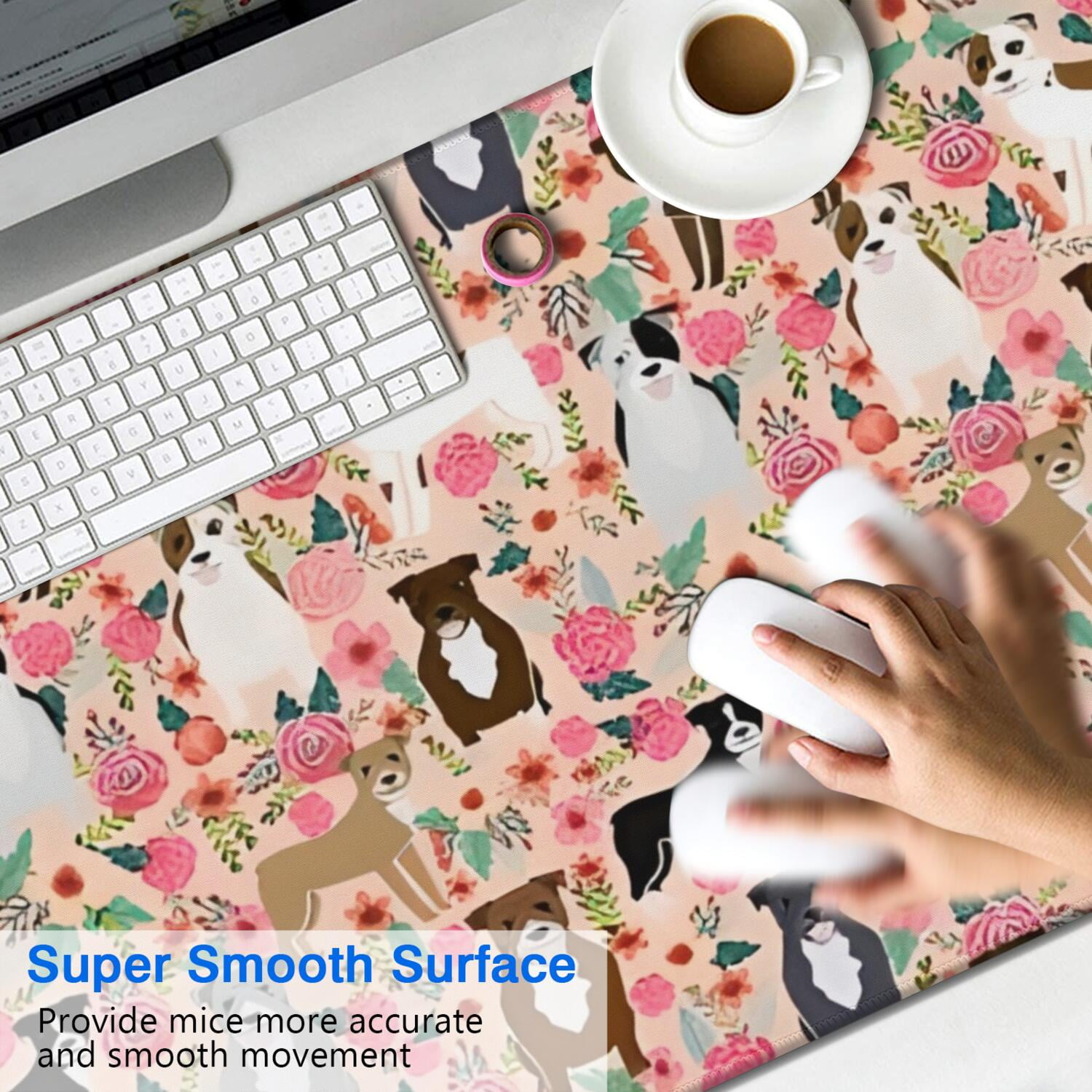Long Mouse Pads for Desk,Boston Terrier Dogs with Pioneer Flower Desk Mats on Top Of Desks, Desk Mouse Pad Extra Large with 3mm Non-Slip Base and Stitched Edge for Gaming,Office,Work,Home 47.3"x23.6"