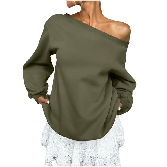 Risckoth Women's Slash Neck Sweatshirt Fleece Lined Drop Shoulder Relaxed Fit Hoodless Pullover S-2XL
