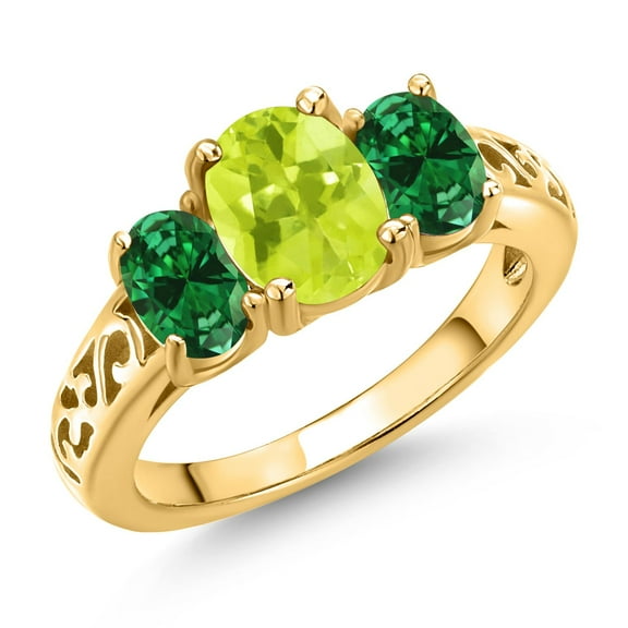 Gem Stone King 18K Yellow Gold Plated Silver Yellow Lemon Quartz and Green Created Emerald Filigree Style 3 Stone Ring for Women (1.80 Cttw, Oval 8X6MM and 6X4MM) (Size 8)