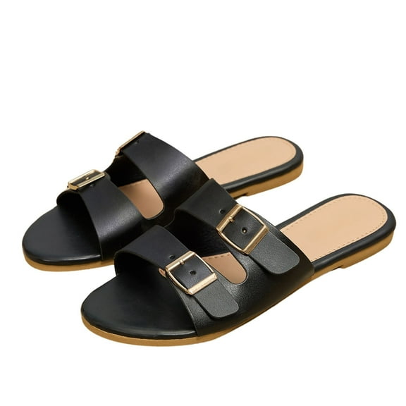 BERANMEY Double Buckle Adjustable Straps Sandals for Women Casual Open Toe Slip-On Beach Women Sandals Summer Shoes