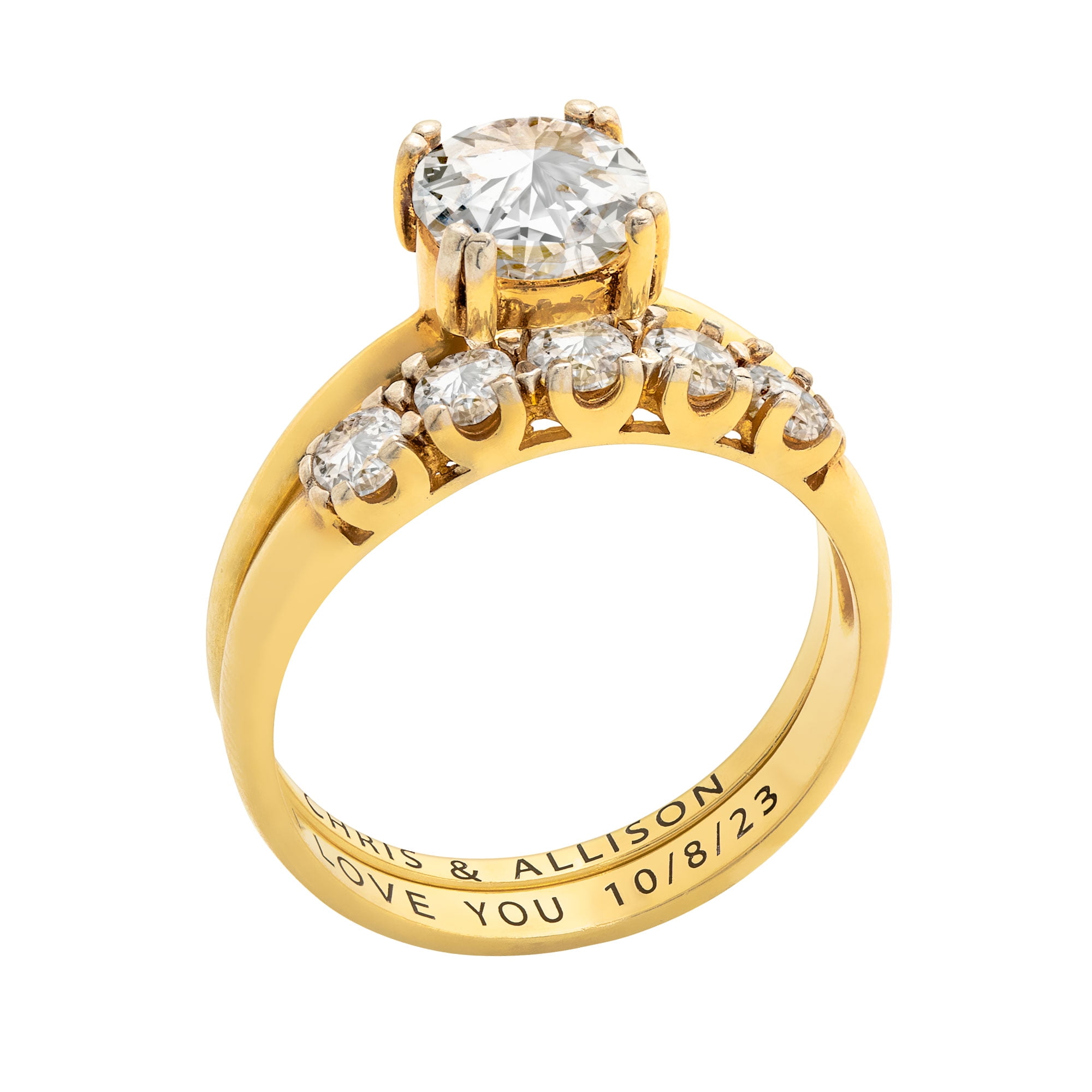 Vow & Forever Personalized Planet Bridal 14K Gold over Sterling Silver Round White Topaz 2-Piece Engraved Wedding Ring Set ,Women's