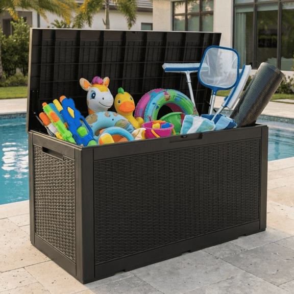 Decksplore 120 Gal Rattan Resin Deck Box, Outdoor Patio Storage with Lockable Lid, Black