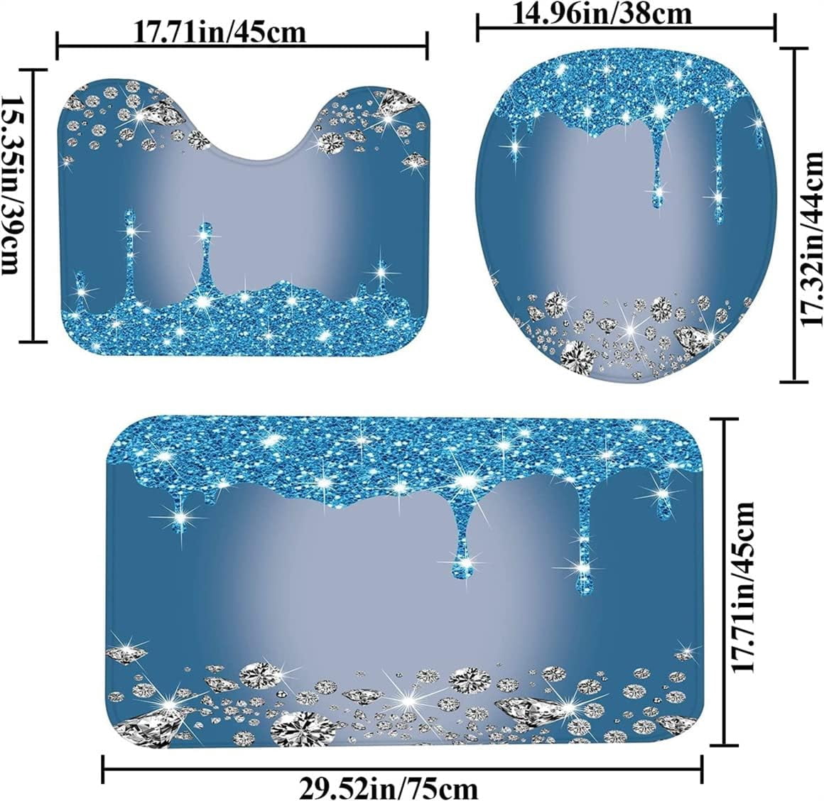 4PCS Bling Diamond Shower Curtain Set with Non-Slip Rugs Toilet Lid Cover and Bath Mat Shower Curtain with 12 Hooks Bathroom Sets with Shower Curtain and Rugs and Accessories