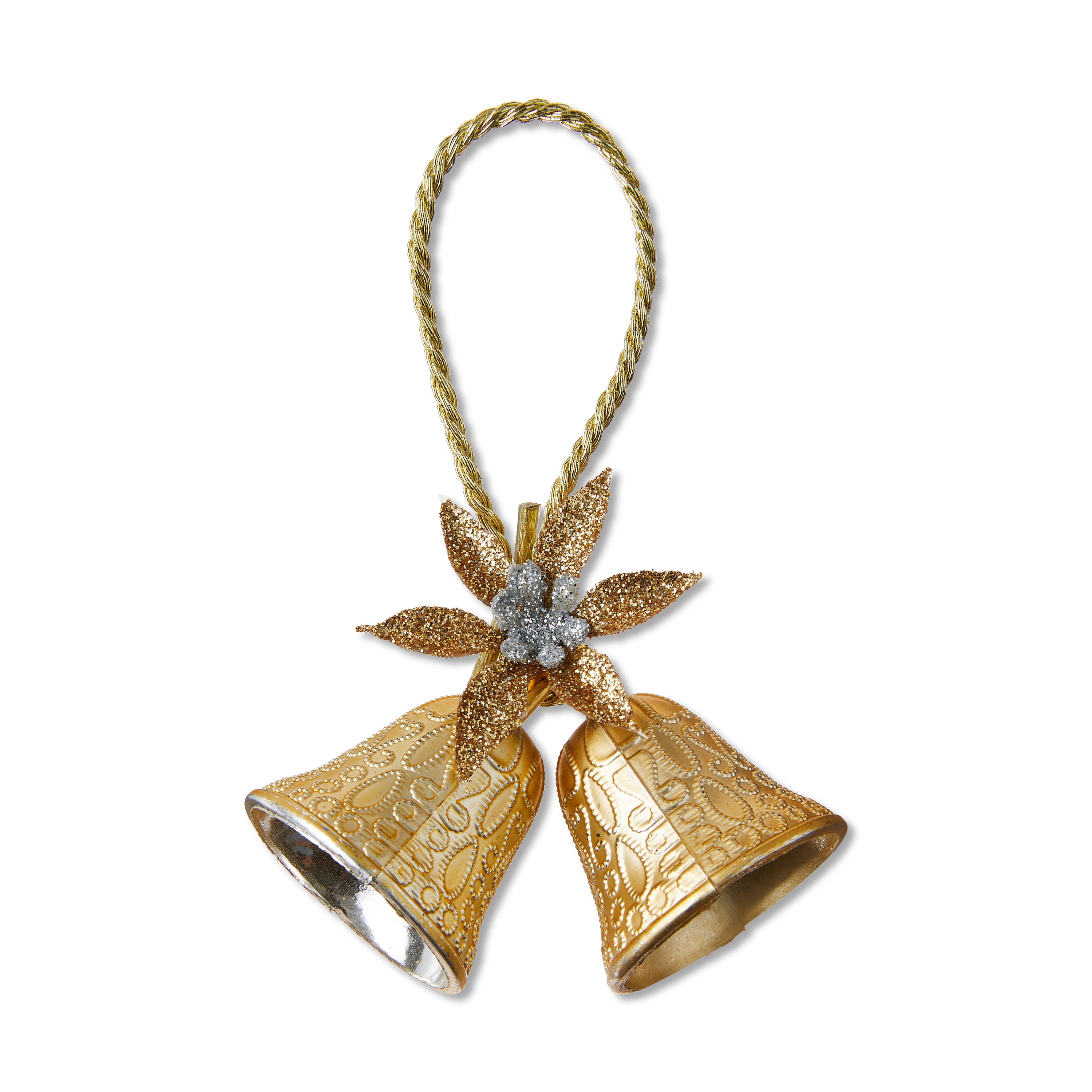 Gold Embossed Mini Double Bell with Poinsettia Christmas Ornament, 4 Count, by Holiday Time