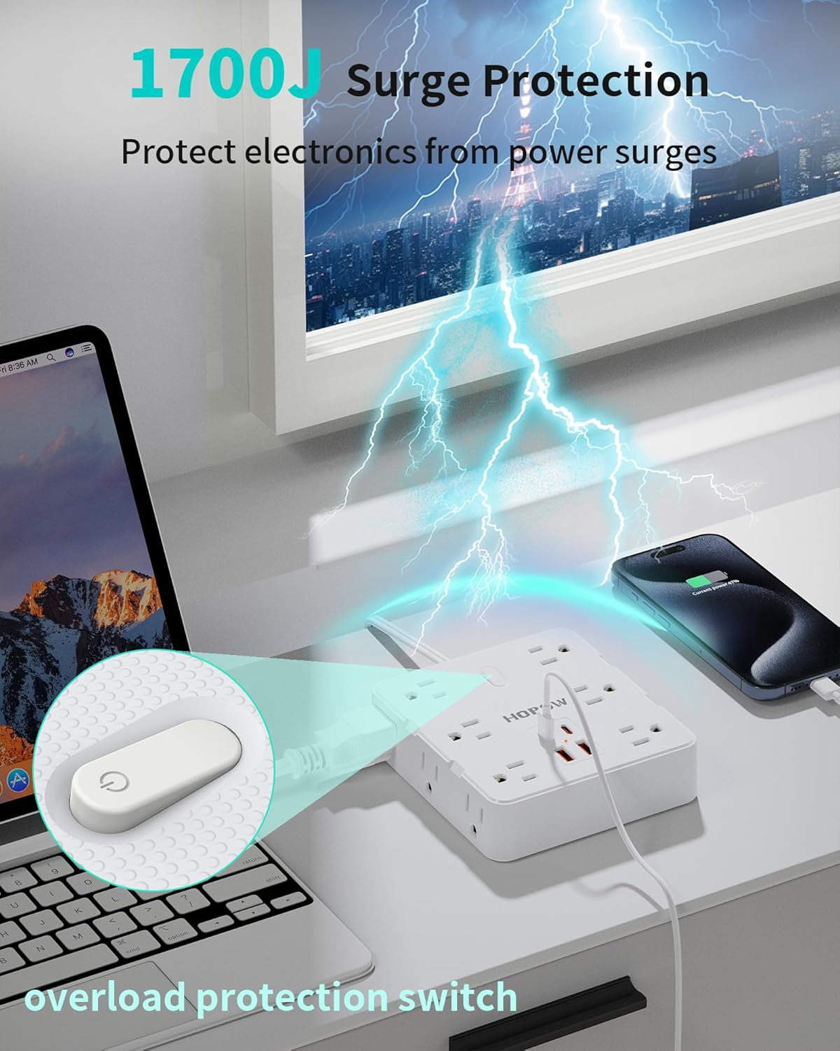2 Prong Power Strip, 2 Prong to 3 Prong Outlet Adapter with 12 AC & 4 USB(2 USB-C), 1700J Two Prong Sur Protector, 5FT Extension Cord, Wall Mountable, Ideal for Old House Non-Grounded Outlets