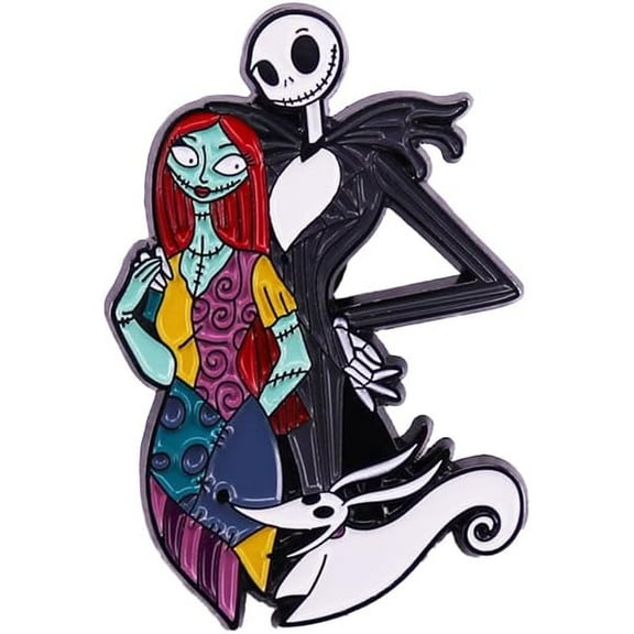 Jack And Sally Couple Brooch Classic Enamel Lapel Pin Badges Button Pins Cute Cartoon Horror Black Metal Dress Accessories Boutonniere Corsage for Backpack Gift for Women Men