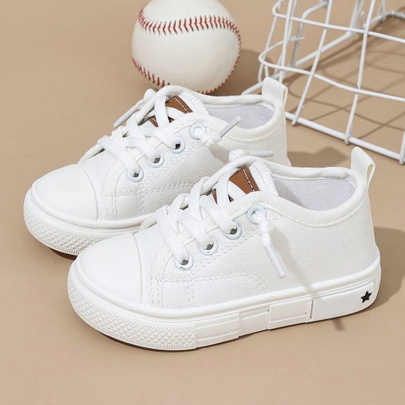 Krdevn Kids Low Top Canvas Sneakers, Slip On Lace Up Casual Board Shoes for Toddler Boys Girls,White