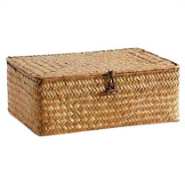 Natural Seagrass Basket with Lid, Storage Wicker Baskets for Organizing, Woven Bin for Storage, Decorative Boxes Bins with Lids Home Organizer Decor, 10.2x6.3x3.9"