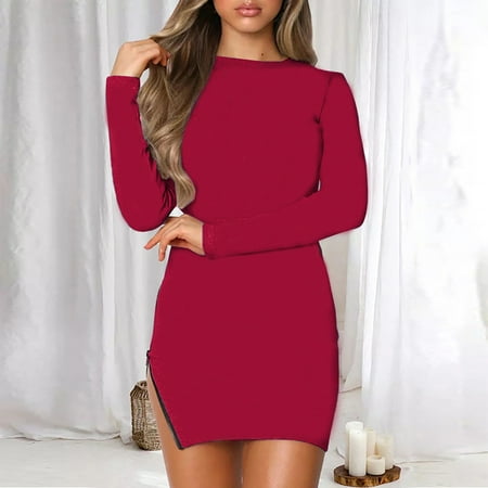 

Zedker Elegant Dresses for Women Long Sleeve Midi Dress for Women Cocktail Fashion Women Sexy Casual Buttocks Round-Neck Solid Slimming Long Leeve Dress