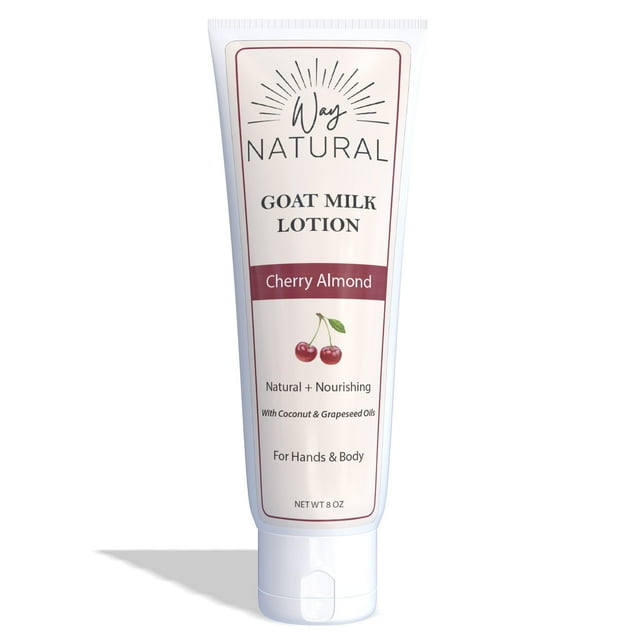 Way Natural Loción de leche de cabra con almendras y cerezas - Loción cremosa para manos y cuerpo para aliviar la piel seca - Crema de manos con leche de cabra real para mujeres y hombres - Loción de