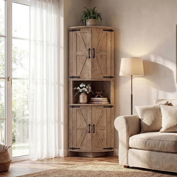 Acekid 65Inch Tall Corner Cabinet with Doors, Farmhouse Storage with Adjustable Shelves, White