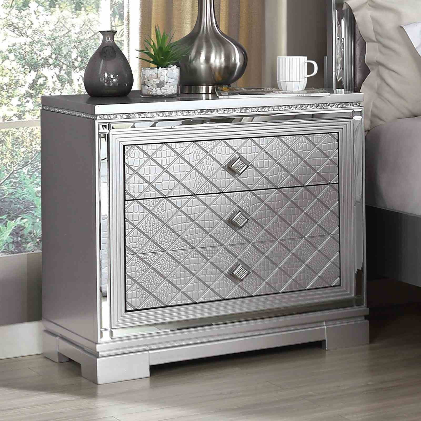 Mobilya Glam Nightstand with Mirror & USB Charger - Silver Solid Wood - 28"H Bedroom Nightstand with Hidden Jewelry Drawer & Ball Bearing Glides
