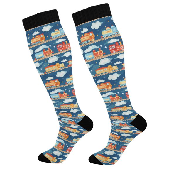 FORMRS Womens Knee High Socks Casual Long Thick Travel Daily Wear, 1 Pair, Blue Cute Train Pattern