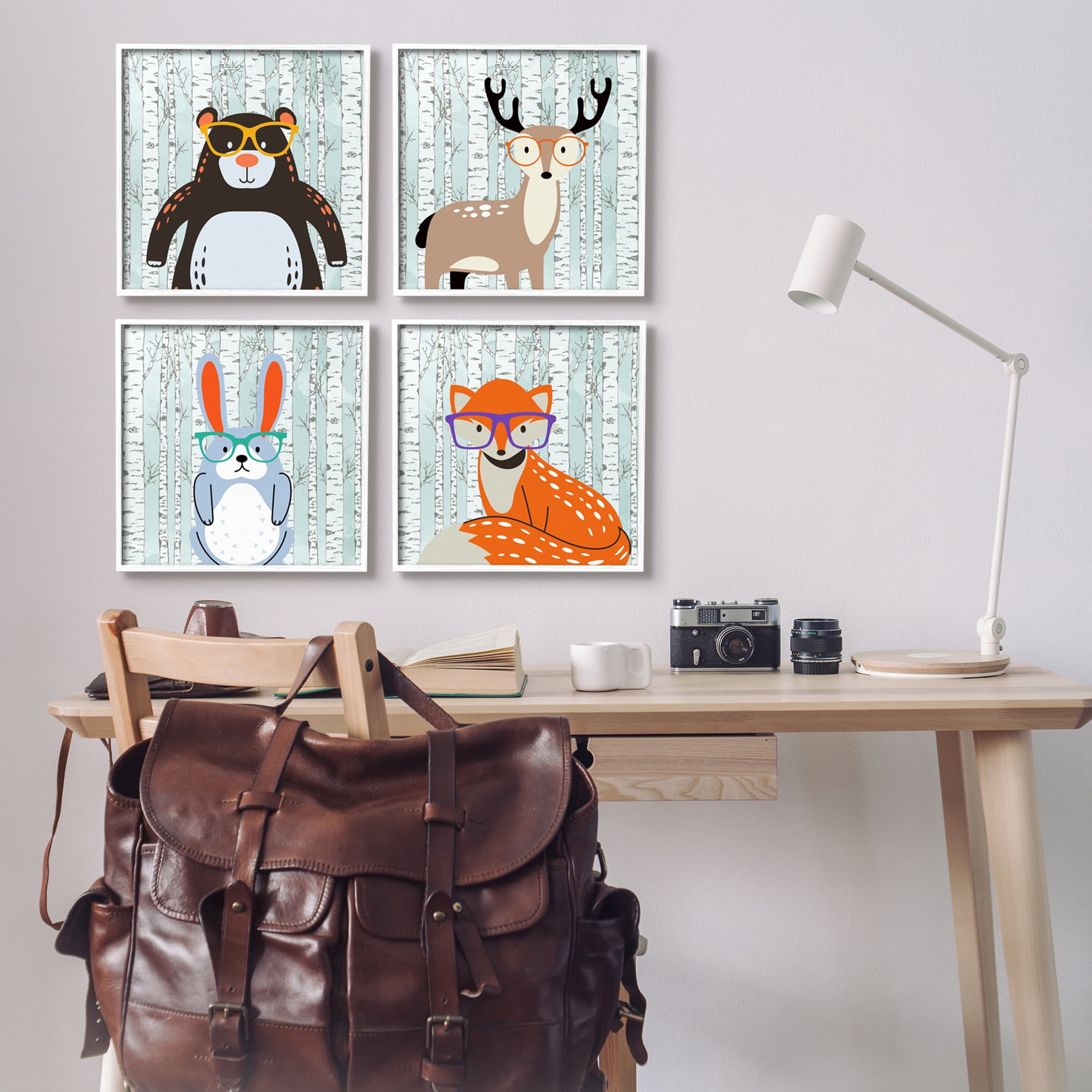 Stupell Industries Woodland Animals in Glasses Animals & Insects Painting White Framed Art Print Wall Art, 17 x 17, Set of 4