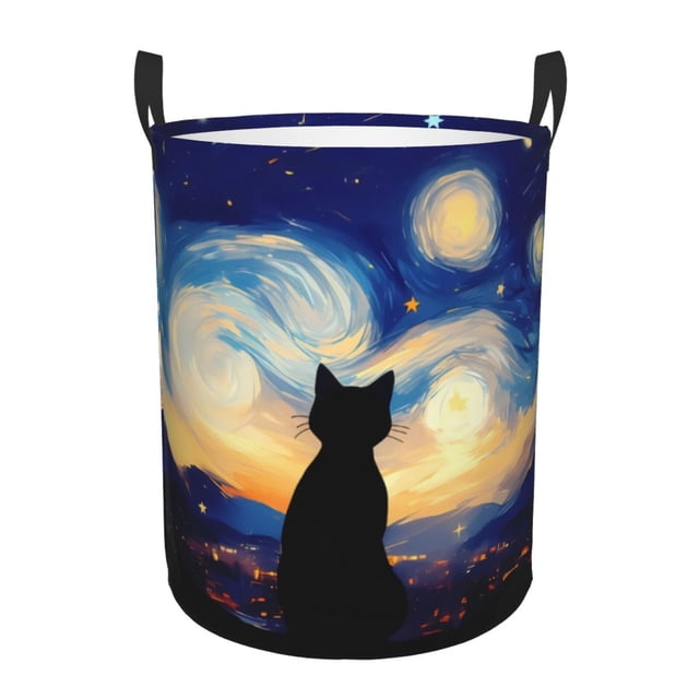 Balery Cat Under Starry Skies Cesta de ropa redonda con asas, impermeable, independiente, para ropa, juguetes, dormitorio y familia-Medium