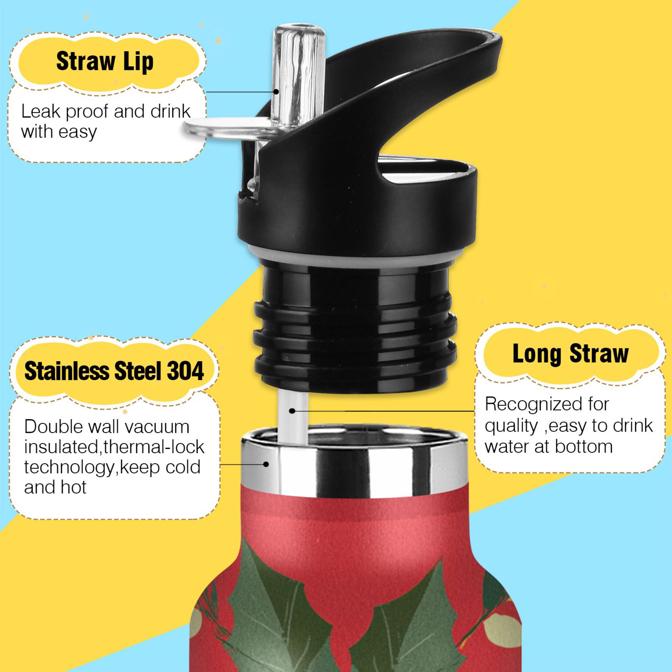 600ML Stainless Steel Insulated Cup Sports Water Bottle Portable Thermos Cup Water Glasses Insulated Tumblers Convenient and Durable Cute Christmas Bell