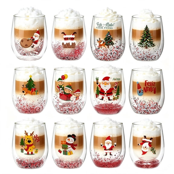 KGJQ Glitter Christmas Wine Glass, 300ml Double Layer Tumbler for Wine Juice, Sparkling Holiday Drinkware, Festive Party Home Gift