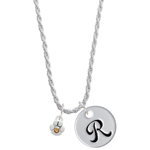 Delight Jewelry Silvertone Mini Paw with Yellow Crystal Silvertone Script Initial Disc - R - Charm Necklace, 20"+3"