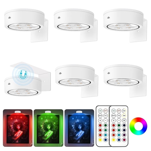 RGB Picture Light Battery Operated Painting Lights for Wall Wireless Magnetic Display Art Light with Remote Controls,Dimmable&Timer for Art Frame Artworking,6Pack white