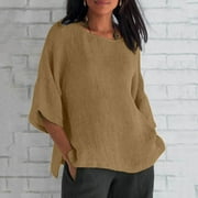 VEKDONE Womens Cotton Linen Gauze Tshirts Summer Half Sleeve Crewneck Peasant Blouse Loose Fit Plus Size Lounge Shirts Solid Color Side Slit Tunics Tops
