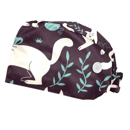 

2PCS Working Cap with Buttons and Sweatband Adjustable Tie Back Hats Bouffant Caps Doodle Cats Scrub Turban Hat