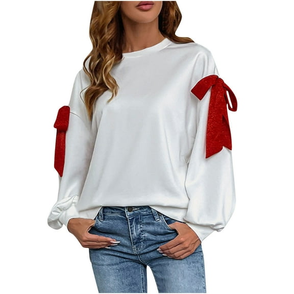fatyb Women's Sweatshirts Bow Tie Long Sleeve Casual Sweatshirts Womens Fashion Crewneck Pullover Tops