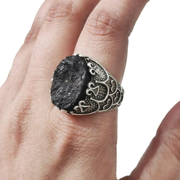 Rough Black Tourmaline Mans Ring, Natural Black Tourmaline, Silver Jewelry, 925 Silver Ring, Birthday Gift, Heavy Mens Ring, Arabic Design, Ottoman Style Ring, Christmas, Turkey Mens Signet Ring