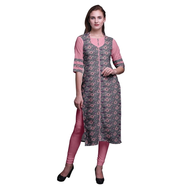 Bimba Kurta Droite Imprimée Indienne en Rayonne Slub Robe Tunique à Manches 3/4 pour Femmes