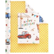 Construction Ink Wrapping Paper Roll - 1 Roll 17” x 33 ft Truck Tractor Wrapping Paper Yellow Boy Birthday Wrapping Paper Construction Party Favor Gift Wrap, Reversible Polka Dot Design