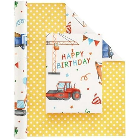 Construction Ink Wrapping Paper Roll - 1 Roll 17” x 33 ft Truck Tractor Wrapping Paper Yellow Boy Birthday Wrapping Paper Construction Party Favor Gift Wrap, Reversible Polka Dot Design