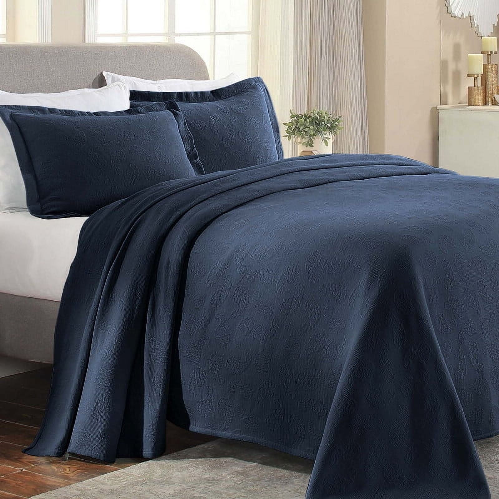 Supeior Paisley Cotton Decorative 3-Piece Bedspread Set, All Season Breathable Bedspreads, Full, Navy Blue