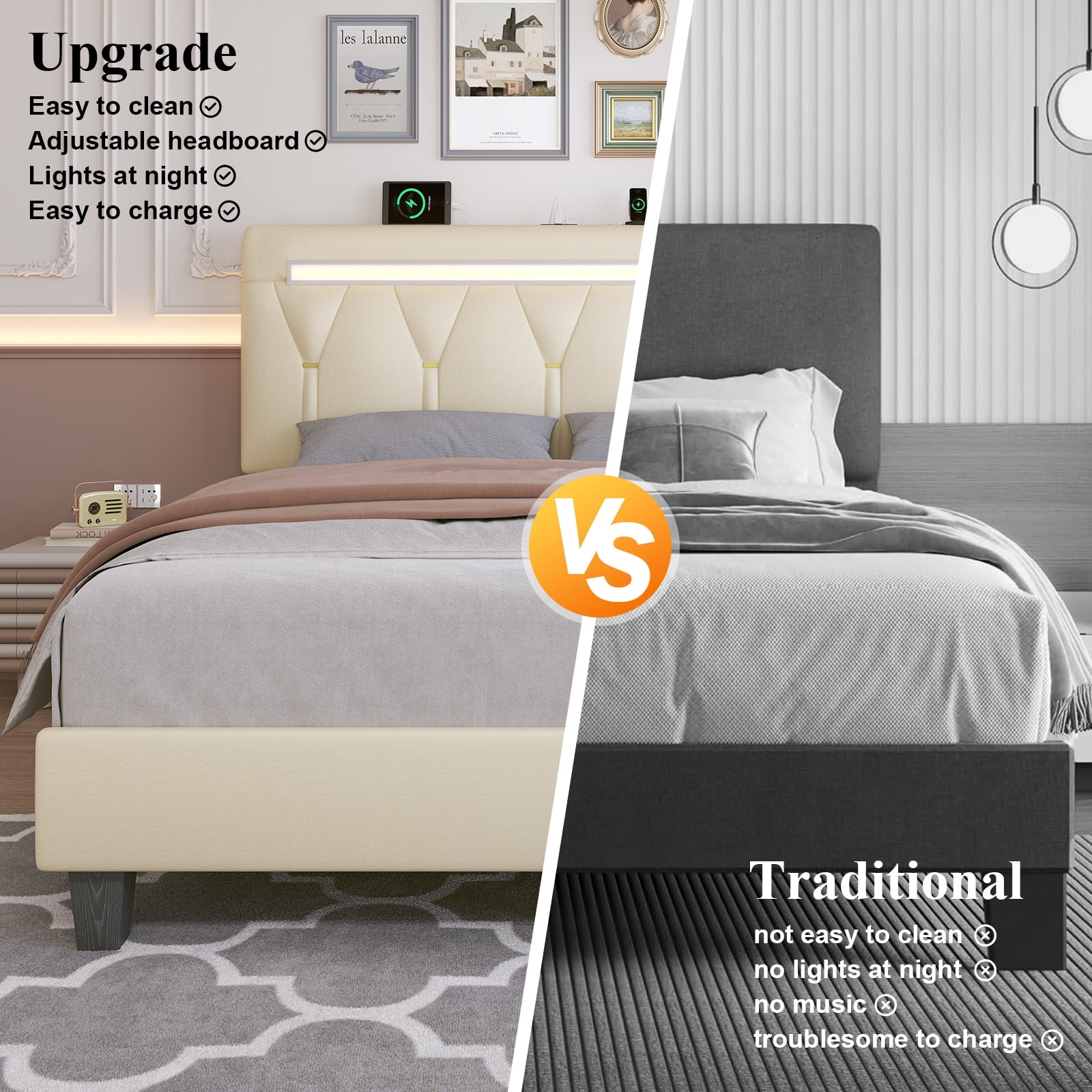 Holiway Queen Size Bed Frame with LED Lights and Adjustable Headboard, Upholstered Platform Bed with Charging, No Box Spring Needed, Beige
