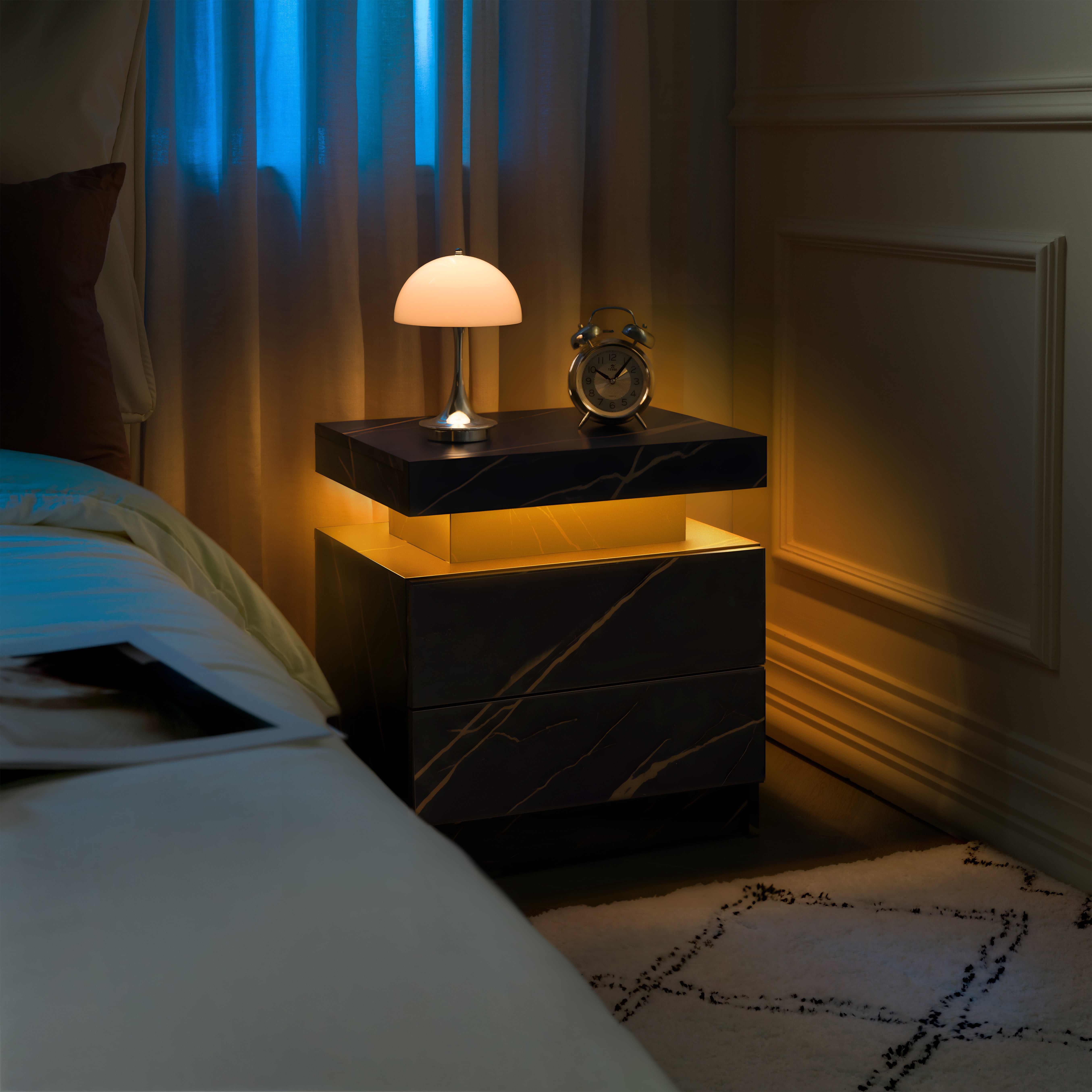 Nightstand LED Bedside Table Cabinet Lights Modern End Side with 2 Drawers for Bedroom (Black Gold)