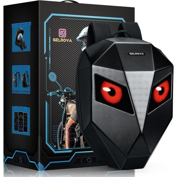 Gelrova LED Motorcycle Backpack, 19-inch Large Black Hard Shell with Water-Resistant Coating, Diy Display Backpack for Adults