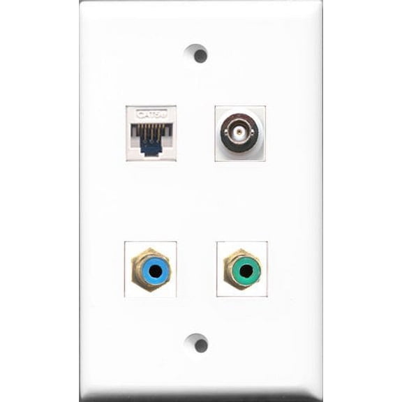 RiteAV - 1 Port RCA Green and 1 Port RCA Blue and 1 Port BNC and 1 Port Cat5e Ethernet White Wall Plate