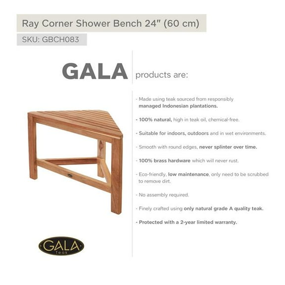 GALA COLLECTION GBCH083 Teak Corner Shower Bench RAY 24' (60 cm)