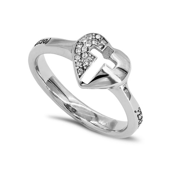 FEAR NOT Heart and Cross Ring for Women, Steel Jewelry