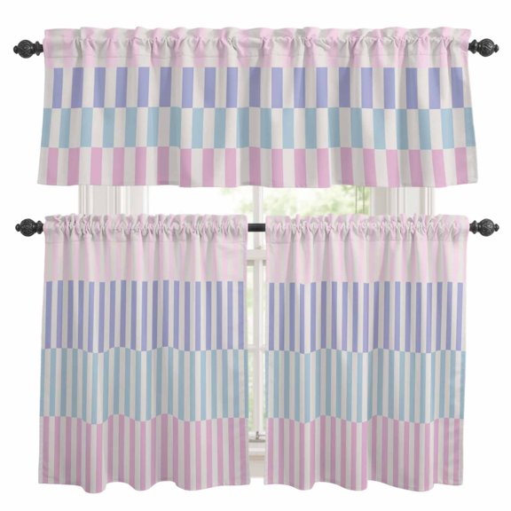 Colorful Stripe Kitchen Curtains Sets for Windows 36 Inch Length, Modern Pink Purple Blue Vertical Striped Rod Pocket Window Treatments Tier Curtains and Valances Set for Bedroom/Bathroom