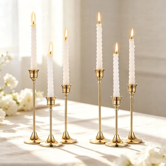 RYLZX 2 Sets(6 Pcs) Brass Gold Metal Taper Candle Holders Candlestick Holders, Vintage Modern Decorative Centerpiece Candlestick Holders for Table Mantel Wedding Housewarming Gift