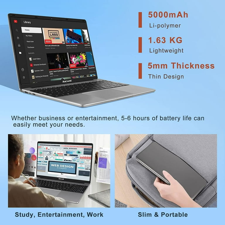 Aocwei 15.6 Laptop 6GB RAM 128GB SSD Traditional Laptops Computer Windows  10 Pro Intel J4105 2.4G+5G WiFi Bluetooth 4.2 USB HDMI 1920x1080 FHD Aocwei  with Wireless Mouse for Work Study -Gray 