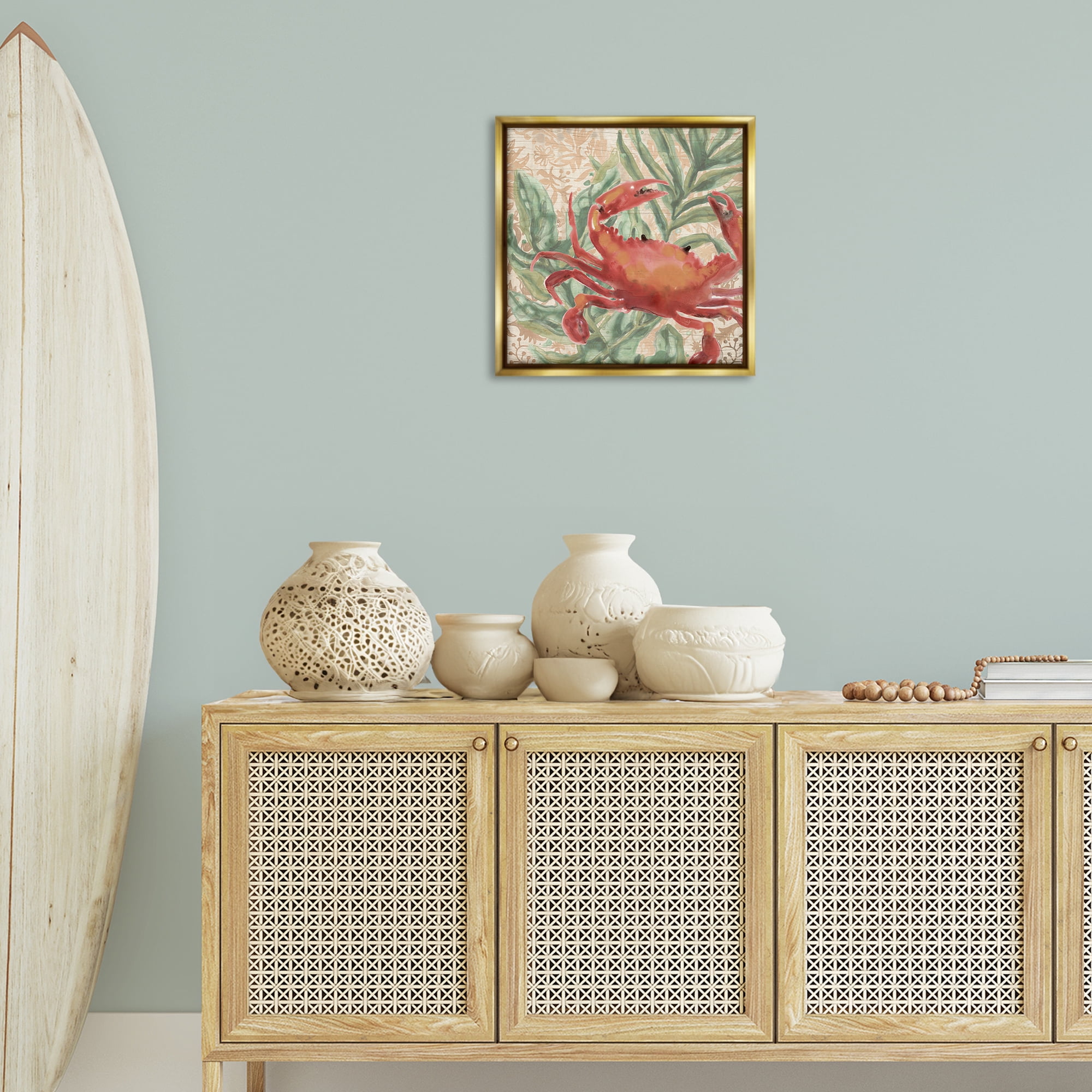 Stupell Industries Crab on Palm Leaves Animals & Insects Painting Gold Floater Framed Canvas Art Print Wall Art, 18 x 18