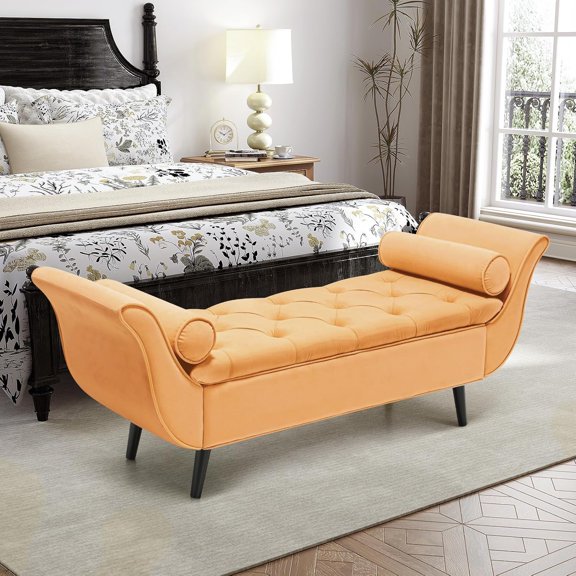 Storage for Bedroom, 65" End of Bed King Size, Velvet Tufted Upholstered Window Indoor Foot of Bed Storage Ottoman Long Seating with Arm for Living Room Entryway, Yellow