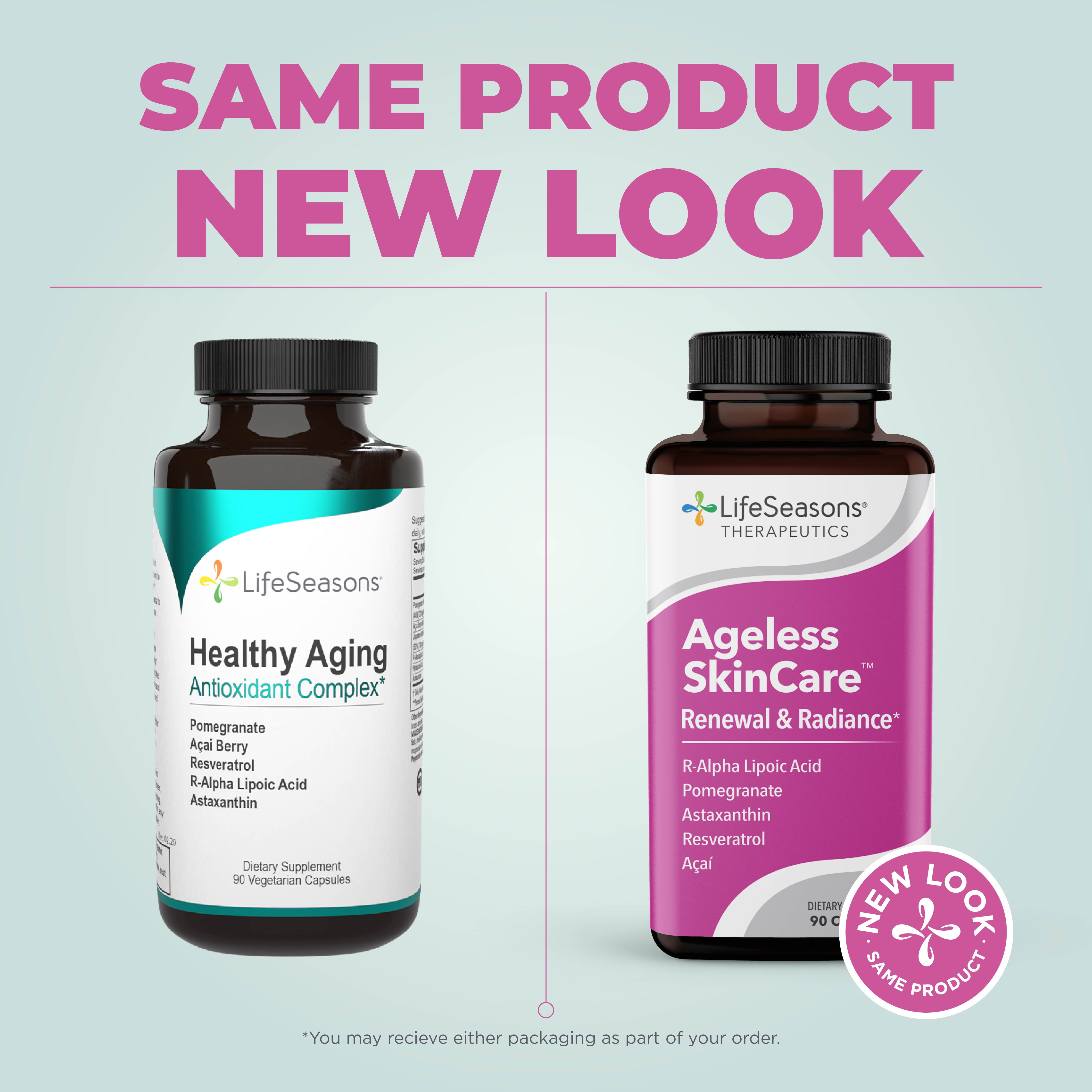 LifeSeasons - Ageless Skincare - Anti Aging Supplement - Antioxidant Complex - Acai Berry, Astaxanthin, Resveratrol, R-Alpha Lipoic Acid and Pomegranate Extract - 90 Capsules