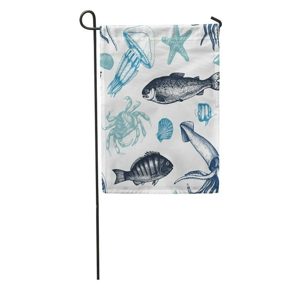 POGLIP Sea Life Mussels Fish Crab Starfish Squid Jellyfish Shellfish Sketch Garden Flag Decorative Flag House Banner 12x18 inch